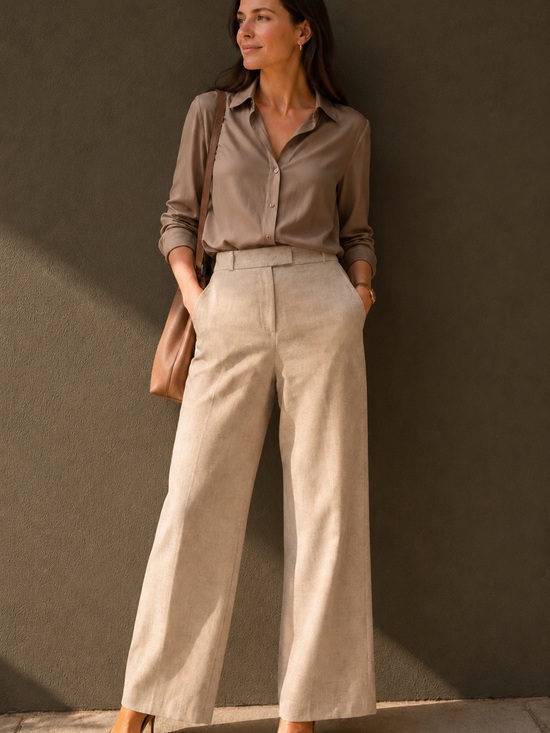 Larry Levine Pants - Beige Oatmeal Wide Leg Trousers | Size 10 | Larry Levine | *** Altered Hem